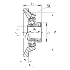 軸承座單元 PCJ45-FA125, 帶四個(gè)螺栓孔的法蘭的軸承座單元，鑄鐵，偏心鎖圈，P型密封，耐腐蝕保護(hù)